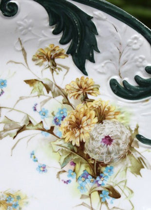Antique Porcelain Platter. Hand Painted Plate with Dandelion and Forget-Me-Not Pattern.