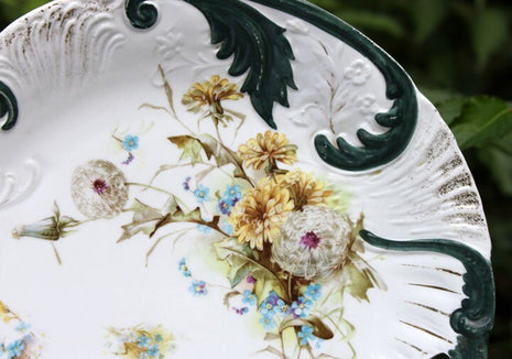 Antique Porcelain Platter. Hand Painted Plate with Dandelion and Forget-Me-Not Pattern.