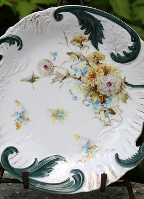 Antique Porcelain Platter. Hand Painted Plate with Dandelion and Forget-Me-Not Pattern.