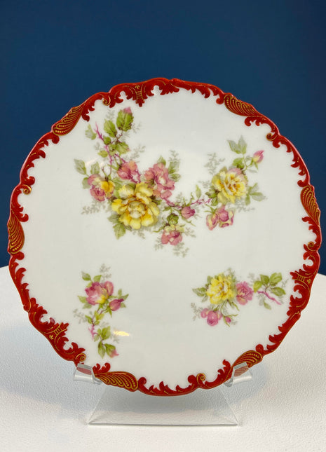 Antique Limoges Plate with Floral Motif: Yellow and Pink Roses and Indian Red Scalloped Rim. French Country Living. Wedding Gift.