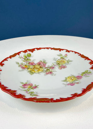 Antique Limoges Plate with Floral Motif: Yellow and Pink Roses and Indian Red Scalloped Rim. French Country Living. Wedding Gift.