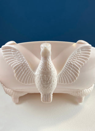 Vintage Art Deco, Shell Pink Milk Glass Footed Bowl. Stunning Bird Detail. Collectible Serving Dish with with Pheasant Feet-Jeanette Glass.