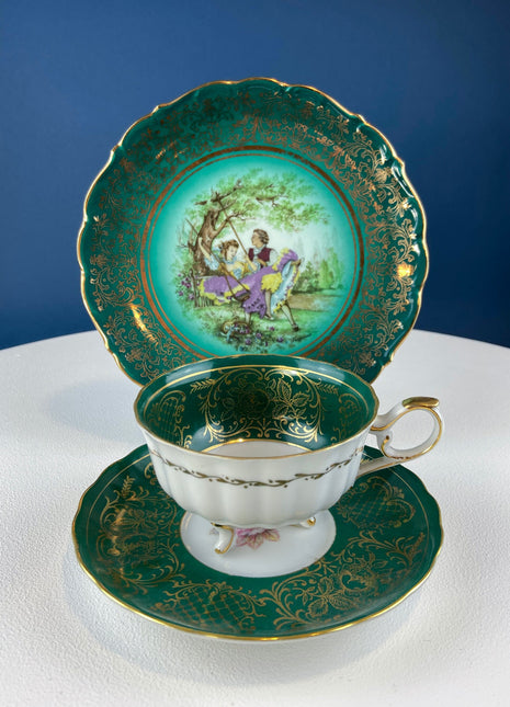 Vintage Footed Cup with Saucer. Green and Gold Colors Tea Set.