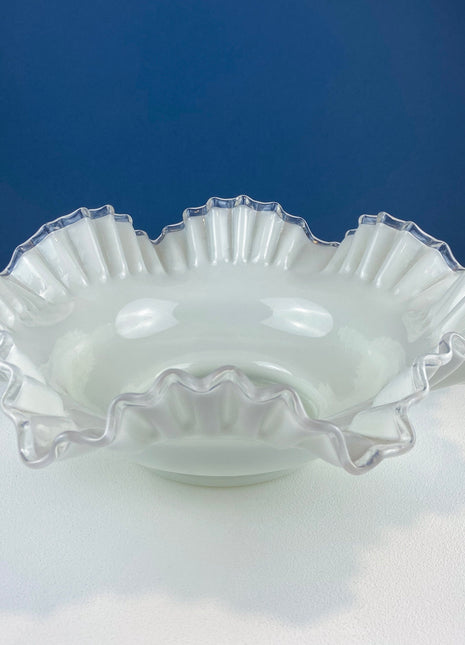 Antique Silvercrest Bowl with Ruffled Edge. White Glass Fruit Bowl or Serving Dish. Table Centerpiece. Cottagecore. Wedding Registry.