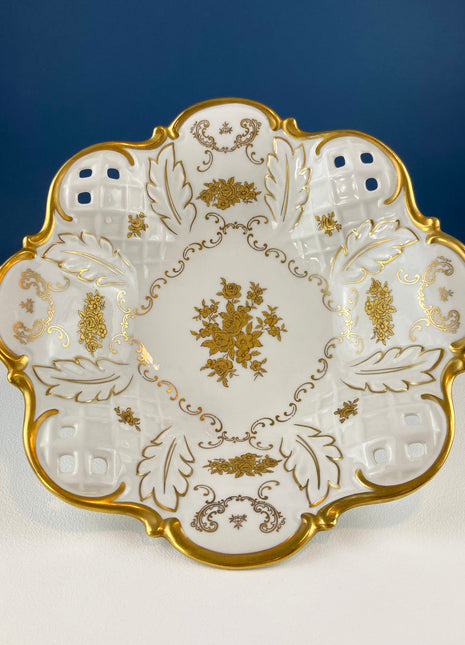 Antique Rosenthal Bowl. Footed Porcelain Bowl with Scalloped Rim and 22 Karat Gold Gilded Decor.