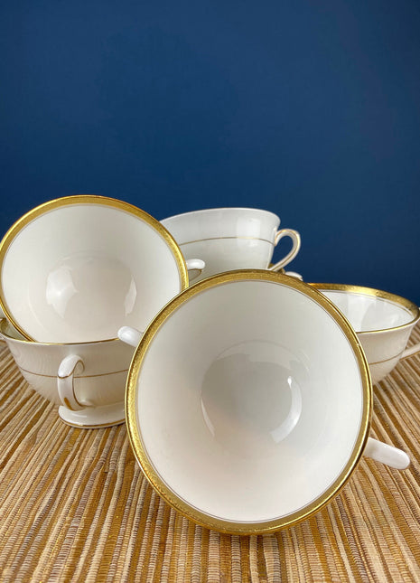 Vintage Coalport Porcelain Soup or Bullion Cups. Elite Wedding Band China. White Cups with Gold Textured Bands. Set of 7. Fine Table Decor.