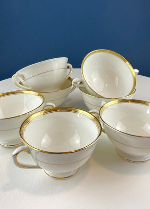 Vintage Coalport Porcelain Soup or Bullion Cups. Elite Wedding Band China. White Cups with Gold Textured Bands. Set of 7. Fine Table Decor.