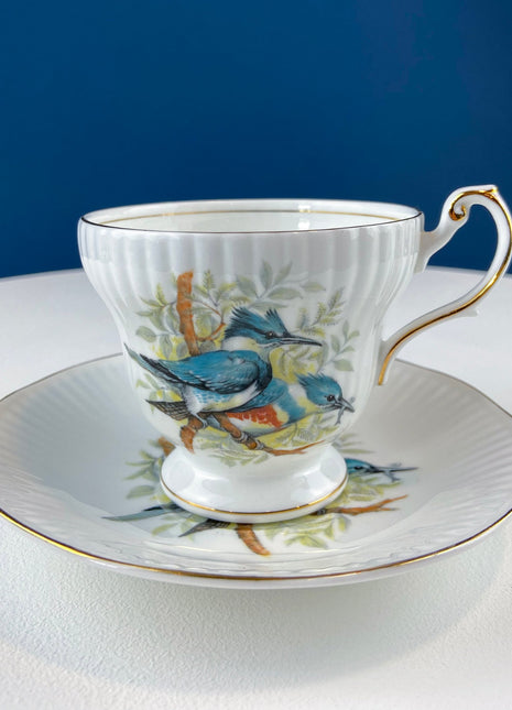 Vintage Cup and Saucer with Blue Birds. Queens's Fine Bone China. Birds of America. Pair of Kingfishers. Gift for Dad, Fisherman, Bird Lover