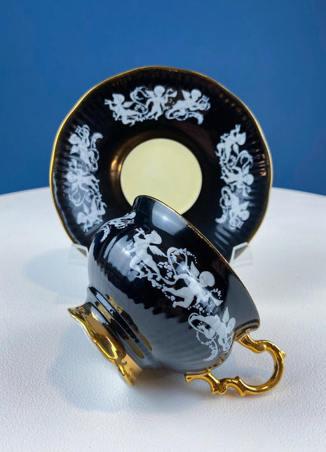 Vintage, Black, Gold and White Cup and Saucer. Elizabethan Fine Bone China. Handpainted Cupids Playing Instruments. Gift for Musician.