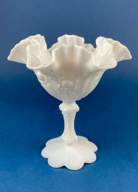 Fenton Handpainted Milk Glass Compote. White, Footed, Hobnail Bowl with Ruffled Rim and Pastel Flowers. Wedding Gift. Modern Farmhouse.