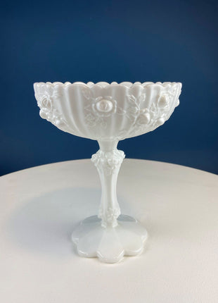 Fenton Handpainted Milk Glass Compote. White, Footed, Hobnail Bowl with Ruffled Rim and Pastel Flowers. Wedding Gift. Modern Farmhouse.