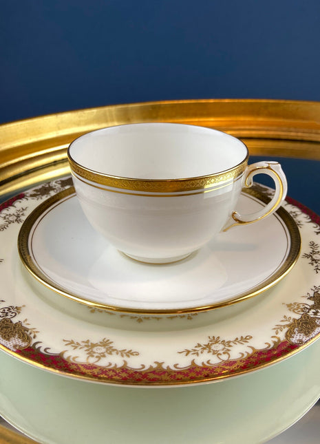 Coalport Elite White Cup and Saucer with Gold Rim. Classic Wedding Band China. Wedding Registry or Celebration. Fine Dining. Minimal Design.