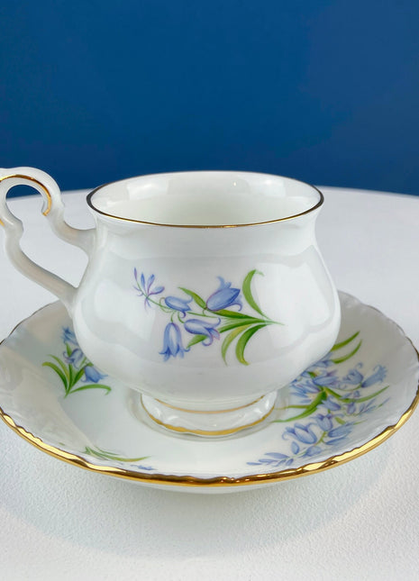 Vintage Collection of Teacups and Saucers. Set of Three. Royal Albert Sonnet Series: Lilly of the Valley, Blue Bells, and Forget-me-Nots.