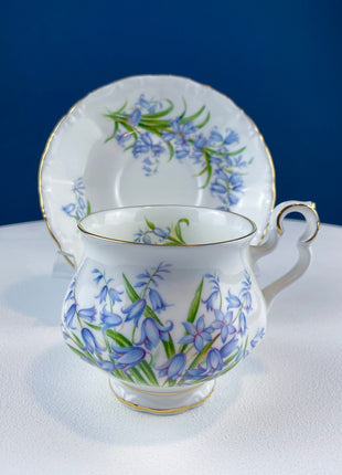 Vintage Collection of Teacups and Saucers. Set of Three. Royal Albert Sonnet Series: Lilly of the Valley, Blue Bells, and Forget-me-Nots.
