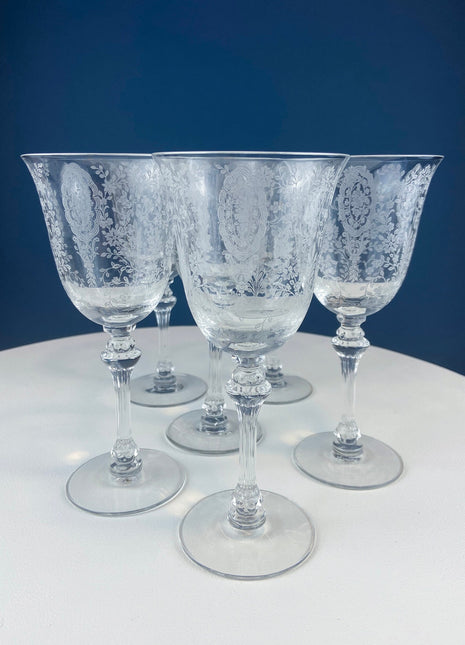 Tiffin-Franciscan Wine Goblets. Etched June Night Pattern. Collectible Stemware. Set of 6. Modern Farmhouse. French Country. House Beautiful