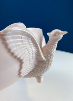 Vintage Art Deco, Shell Pink Milk Glass Footed Bowl. Stunning Bird Detail. Collectible Serving Dish with with Pheasant Feet-Jeanette Glass.