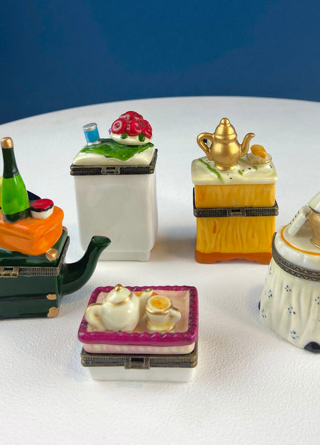 Miniature Porcelain Pill Boxes Shaped Like Dining Vignettes. Collection of 5. Hand Painted Collectible Ring Boxes. Gift for Her.