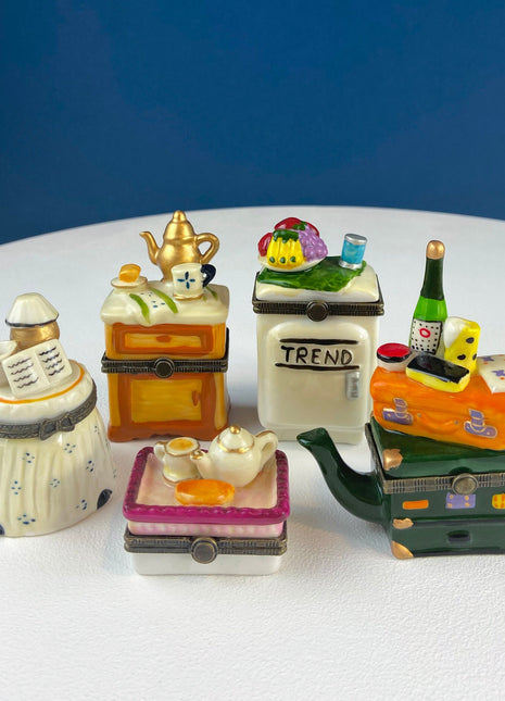 Miniature Porcelain Pill Boxes Shaped Like Dining Vignettes. Collection of 5. Hand Painted Collectible Ring Boxes. Gift for Her.
