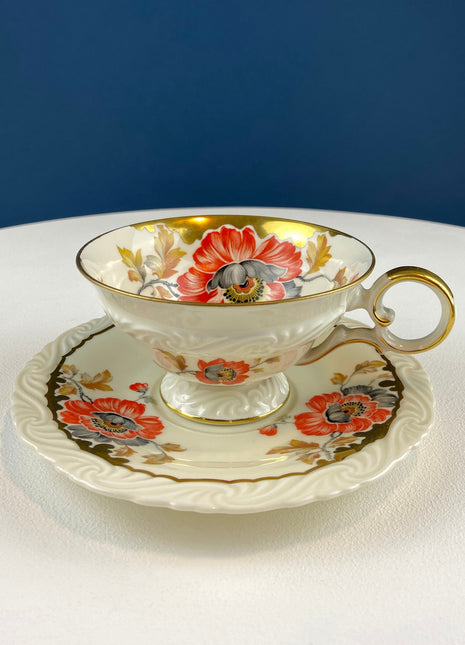 Vintage OST Mark SF Tea Cup with Saucer. Stunning Hand Painted Poppies and Rich Gold Rim. Collectible Tea Set. Wedding Gift. Cottagecore.