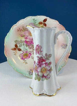 Vintage Water, Juice, Milk Pitcher or Flower Vase. Beautiful Tea Rose Motif. West German Porcelain. Fine Bone China. Bohemian Chic.