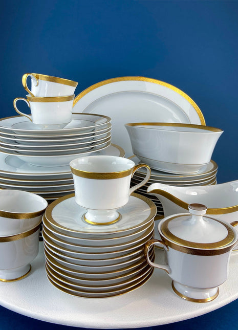 White & Gold Dish Set. Wedding Band China. Sango Spun Gold. Dinner, Salad or Dessert, Soup Plates, Sugar Bowl, Serving Dishes.