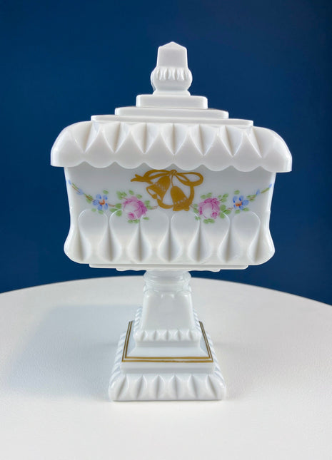 Westmoreland Square Compote with Cover. Wedding & Anniversary Trinket Dish on Stand. Milk Glass, Old Quilt Design, Block and Star Pattern.