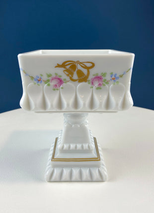 Westmoreland Square Compote with Cover. Wedding & Anniversary Trinket Dish on Stand. Milk Glass, Old Quilt Design, Block and Star Pattern.