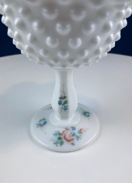 Fenton Handpainted Milk Glass Compote. White, Footed, Hobnail Bowl with Ruffled Rim and Pastel Flowers. Wedding Gift. Modern Farmhouse.