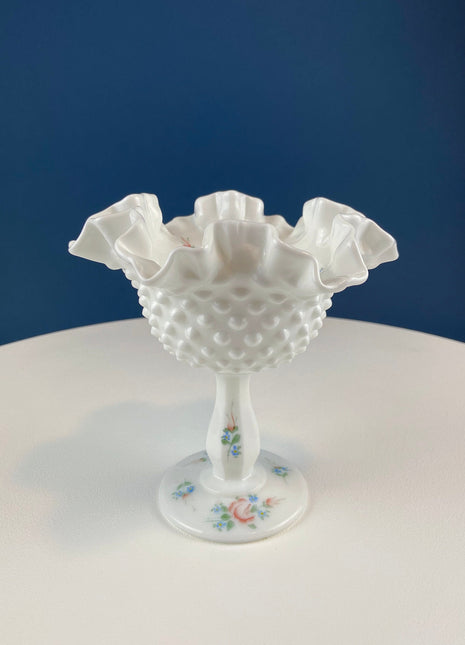 Fenton Handpainted Milk Glass Compote. White, Footed, Hobnail Bowl with Ruffled Rim and Pastel Flowers. Wedding Gift. Modern Farmhouse.