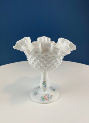 Fenton Handpainted Milk Glass Compote. White, Footed, Hobnail Bowl with Ruffled Rim and Pastel Flowers. Wedding Gift. Modern Farmhouse.