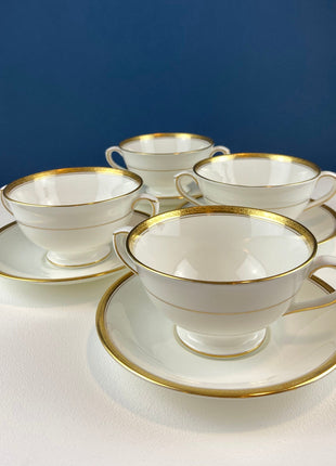 White and Gold Porcelain Soup or Bullion Cups with Saucers. Wedding Band China. Coalport Elite. Set of Four. Wedding Celebration. Holiday.