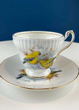 Vintage Cup and Saucer with Yellow Birds. Queens's Fine Bone China. Birds of America. Pair of Finches. Gift of Love. Modern Farmhouse.