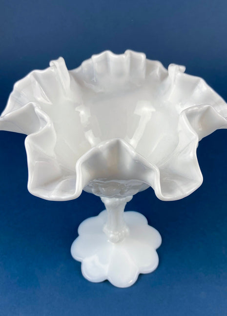 Fenton Handpainted Milk Glass Compote. White, Footed, Hobnail Bowl with Ruffled Rim and Pastel Flowers. Wedding Gift. Modern Farmhouse.