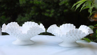 Fenton Crystal Hobnail Footed Bowl Candle Holders.  Set of Two Milk Glass Hobnail Ruffled Rim Bowl Candle Holders.