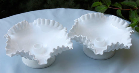 Fenton Crystal Hobnail Footed Bowl Candle Holders.  Set of Two Milk Glass Hobnail Ruffled Rim Bowl Candle Holders.