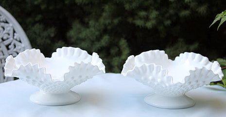 Fenton Crystal Hobnail Footed Bowl Candle Holders.  Set of Two Milk Glass Hobnail Ruffled Rim Bowl Candle Holders.