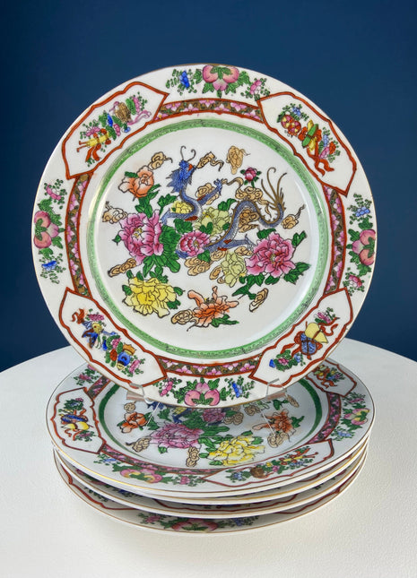 Set of Five Large Asian Plates. Hand Painted Dragons and Peonies. Stunning Watercolor Like Quality. Ethnic Wall Hanging. 10" Plates.