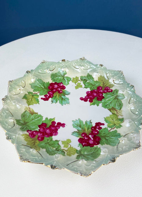 Antique Hand Painted Porcelain Plate. Red Grape/Currant Motif. Scalloped Edge. Luster Finish. Collectible Dish. Wedding Gift. Wall Hanging.