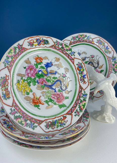 Set of Five Large Asian Plates. Hand Painted Dragons and Peonies. Stunning Watercolor Like Quality. Ethnic Wall Hanging. 10" Plates.