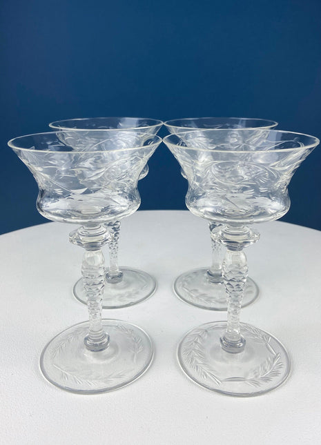Vintage Champagne Tall Sherbets by Newton Crystal Co. 3365-3. Blown Glass. Swirl Optic & Cut Floral Motif. Set of 4 Glasses. Wedding Gift.
