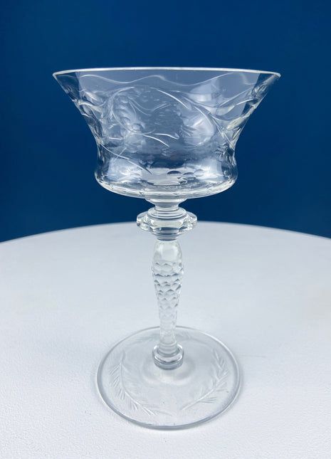 Vintage Champagne Tall Sherbets by Newton Crystal Co. 3365-3. Blown Glass. Swirl Optic & Cut Floral Motif. Set of 4 Glasses. Wedding Gift.