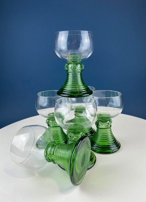 Hand Blown Wine, Water or Margarita Goblets. 6 Clear Bowls with Green Ribbed Stems. Roemer Green by CRISTAL D'ARQUES-DURAND. Wedding Gift.