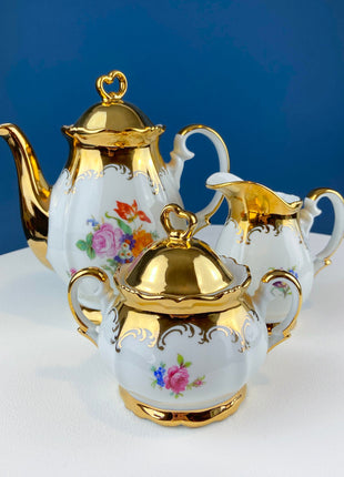 Gold Demitasse Tea Set. Prussian Hand painted Coffee/Tea Pot Sized for Two, with Matching Creamer, Sugar Bowl/Jar & 10 Cups and Saucers.