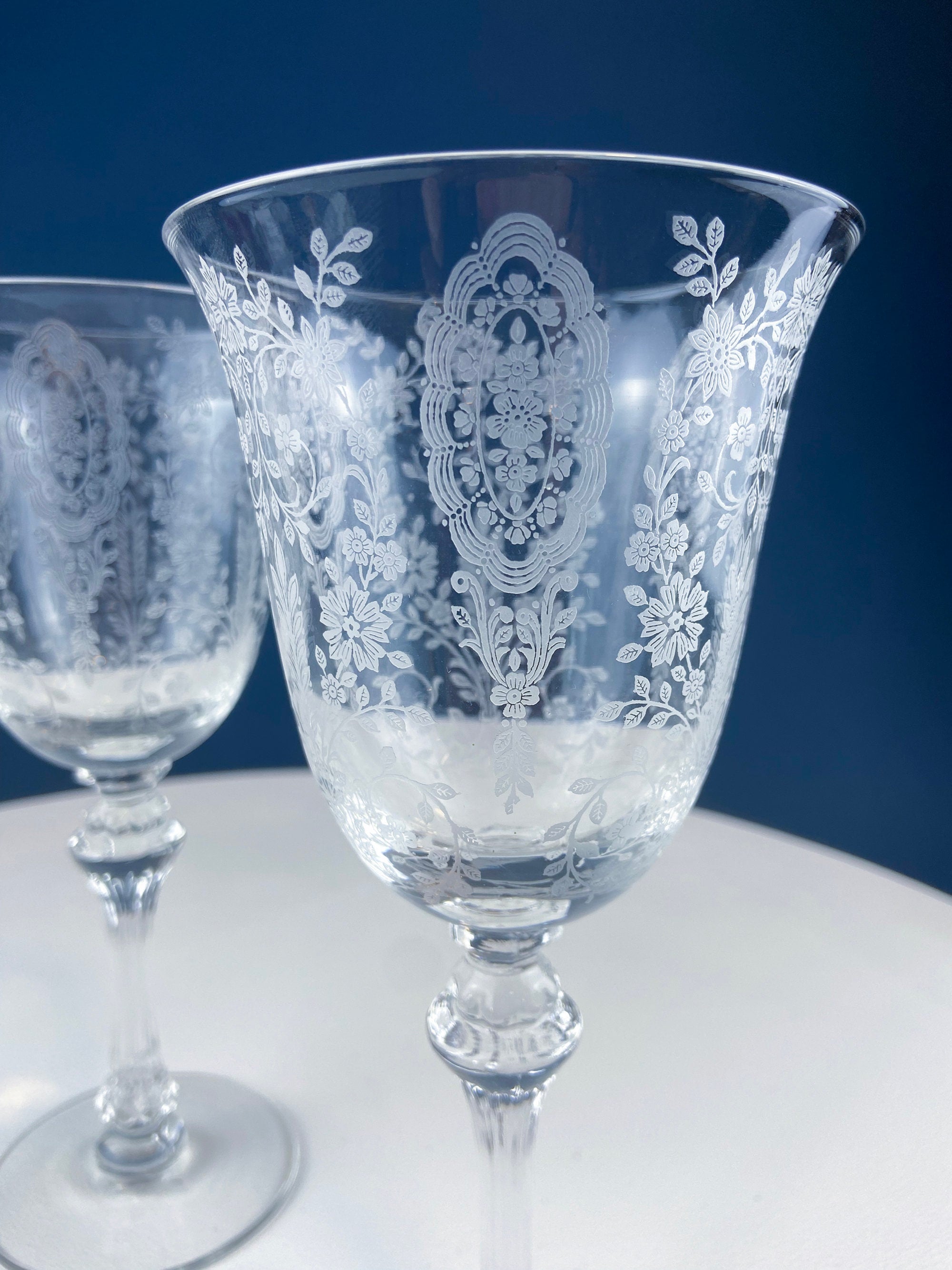 Tiffin-Franciscan Wine Goblets. Etched June Night Pattern. Collectible –  Anything Discovered