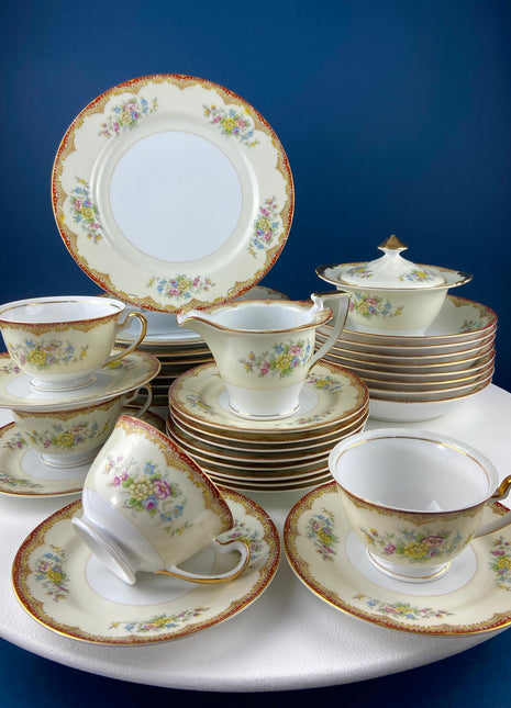 Gold Demitasse Tea Set. Prussian Hand painted Coffee/Tea Pot Sized for Two, with Matching Creamer, Sugar Bowl/Jar & 10 Cups and Saucers.