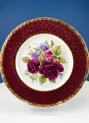 Rich Gold and Burgundy Serving Plate. Antique 11" OMCO Chekoslovakia Porcelain Plate. Spun Gold Brim and Floral Motif.