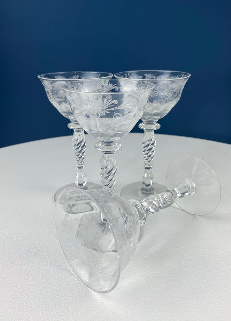 Tiffin Franciscan Sweet Wine Glasses. Set of Four Byzantine Etched Stemware. Floral Motif.