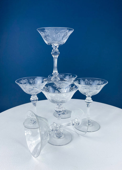 Vintage Tiffin Franciscan Champagne Stemware. Cherokee Rose Motif. Set of 8 Stunning Etched Champagne Glasses. Fine Dining. Fancy Barware.