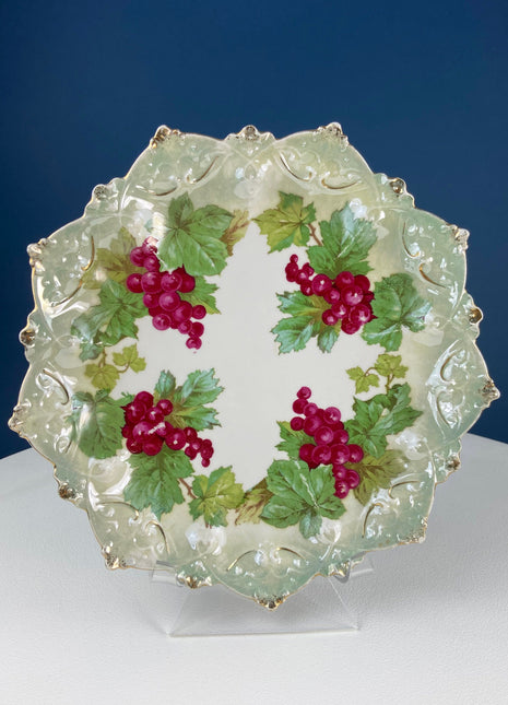 Antique Hand Painted Porcelain Plate. Red Grape/Currant Motif. Scalloped Edge. Luster Finish. Collectible Dish. Wedding Gift. Wall Hanging.