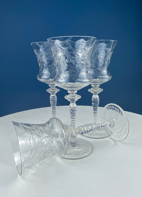 Vintage Wine or Water Goblets by Newton Crystal Co. Hand Blown Tall Stemware. Swirl Optic and Cut Floral. Stem #3365-3. Set of 4 Glasses.